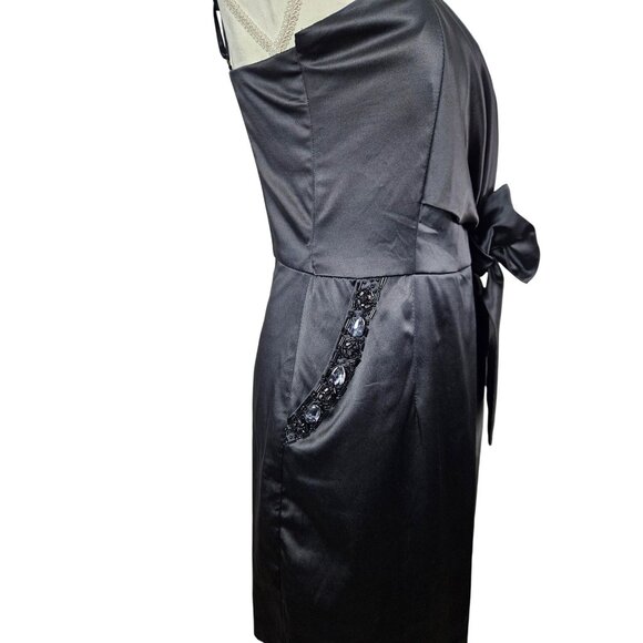 Womens Formal Black Satin Cocktail Dress Bow Detail Beaded Pockets Size L Sexy - Picture 6 of 13
